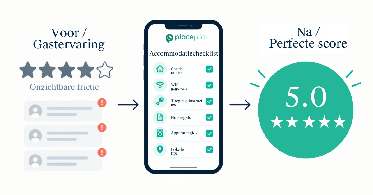 Een vermoeide Airbnb-gast die ’s avonds voor een huurwoning staat en door oude berichten scrolt op zoek naar de deurcode