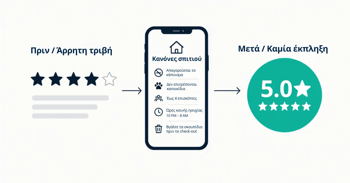Ένας οικοδεσπότης του Airbnb διαβάζει στο κινητό του μια κριτική τεσσάρων αστέρων που άφησε ένας επισκέπτης