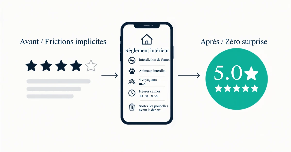 Un hôte Airbnb qui lit sur son téléphone un avis quatre étoiles laissé par un voyageur