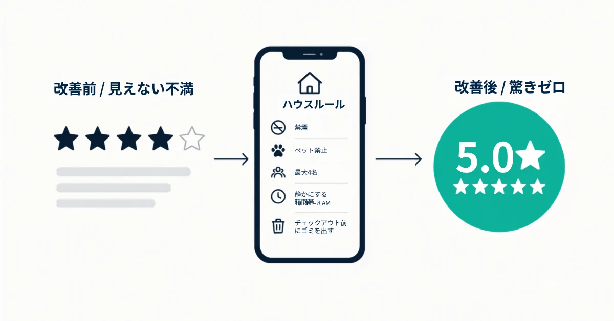 スマートフォンで4つ星のゲストレビューを確認しているAirbnbのホスト