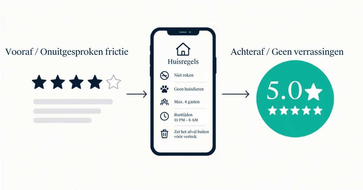 Een Airbnb-verhuurder die op zijn telefoon een viersterrenbeoordeling van een gast bekijkt