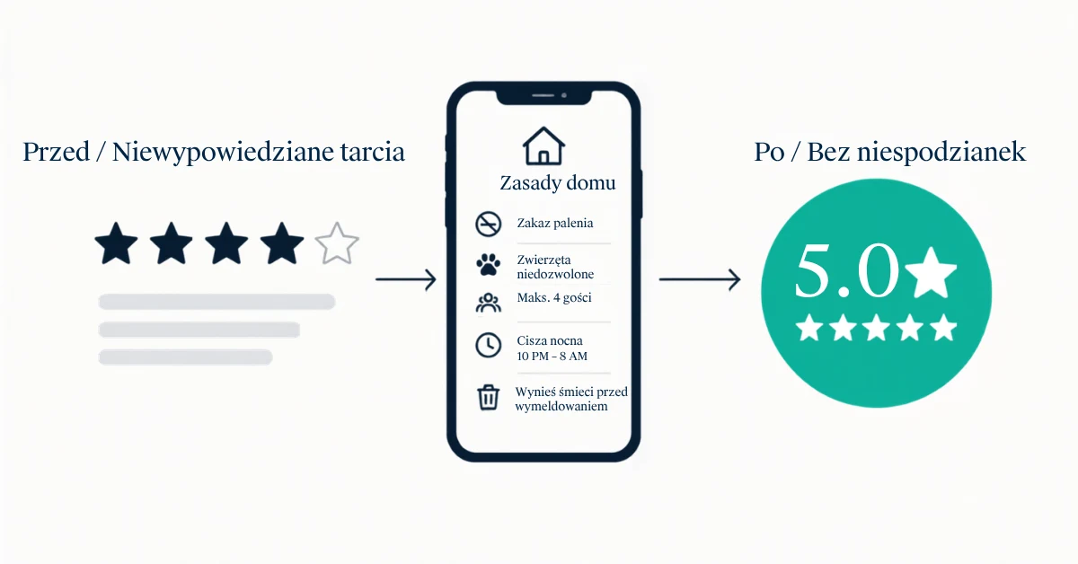 Gospodarz z Airbnb przegląda na telefonie czterogwiazdkową recenzję od gościa