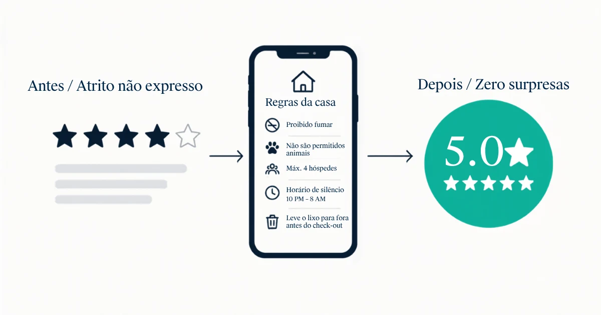 Um anfitrião do Airbnb a ler uma avaliação de quatro estrelas de um hóspede no telemóvel