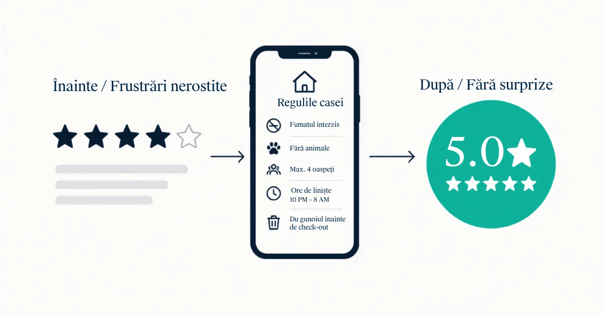 Gazda Airbnb care citește pe telefon o recenzie de patru stele lăsată de un oaspete